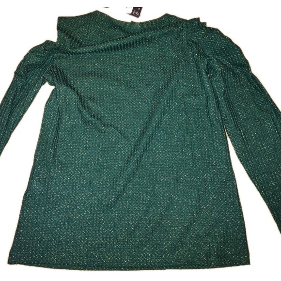 Tommy Hilfiger Womens Top Sz MED Metallic Cold Shoulder T-Shirt In Green & Gold - Picture 7 of 9